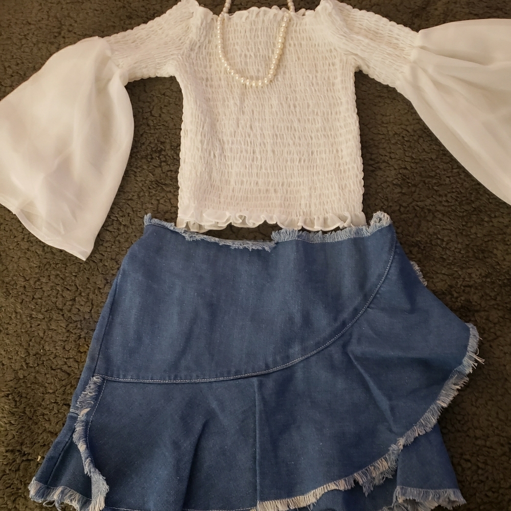 White shirt with jeans skirt